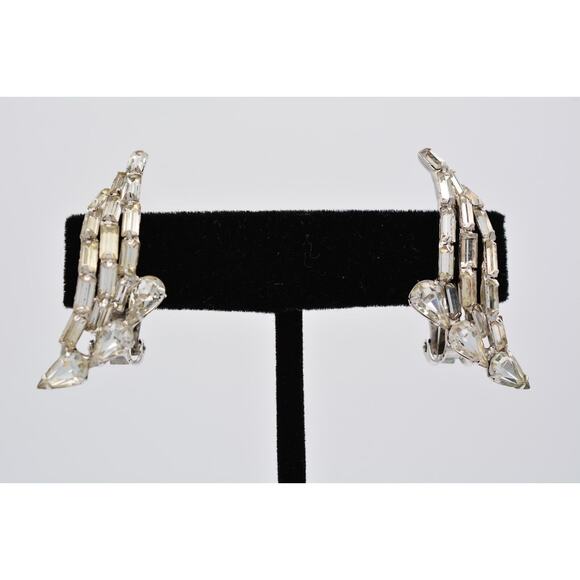 Vintage Crystal Clip Earrings Baguette Rhinestone Marquise Prong 1980s BinAV - Picture 1 of 12